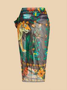 Travachic Women's Resort Tiger Print Knotted Side Beach Sarong Skirt For Summer Beach Vacation,Spring&Summer,Beach For Woman, Festival,BOHO,Country Concert - Black - View 2
