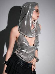 ROMWE Avant Women's Y2K Draped Neck Crop Top - Silver - View 2