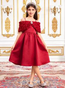 SHEIN Gaun Jacquard Off Shoulder Fit-And-Flare Elegan dengan Hiasan Pita untuk Anak Perempuan Remaja, Cocok untuk Pernikahan dan Pesta - Burgundy - View 1