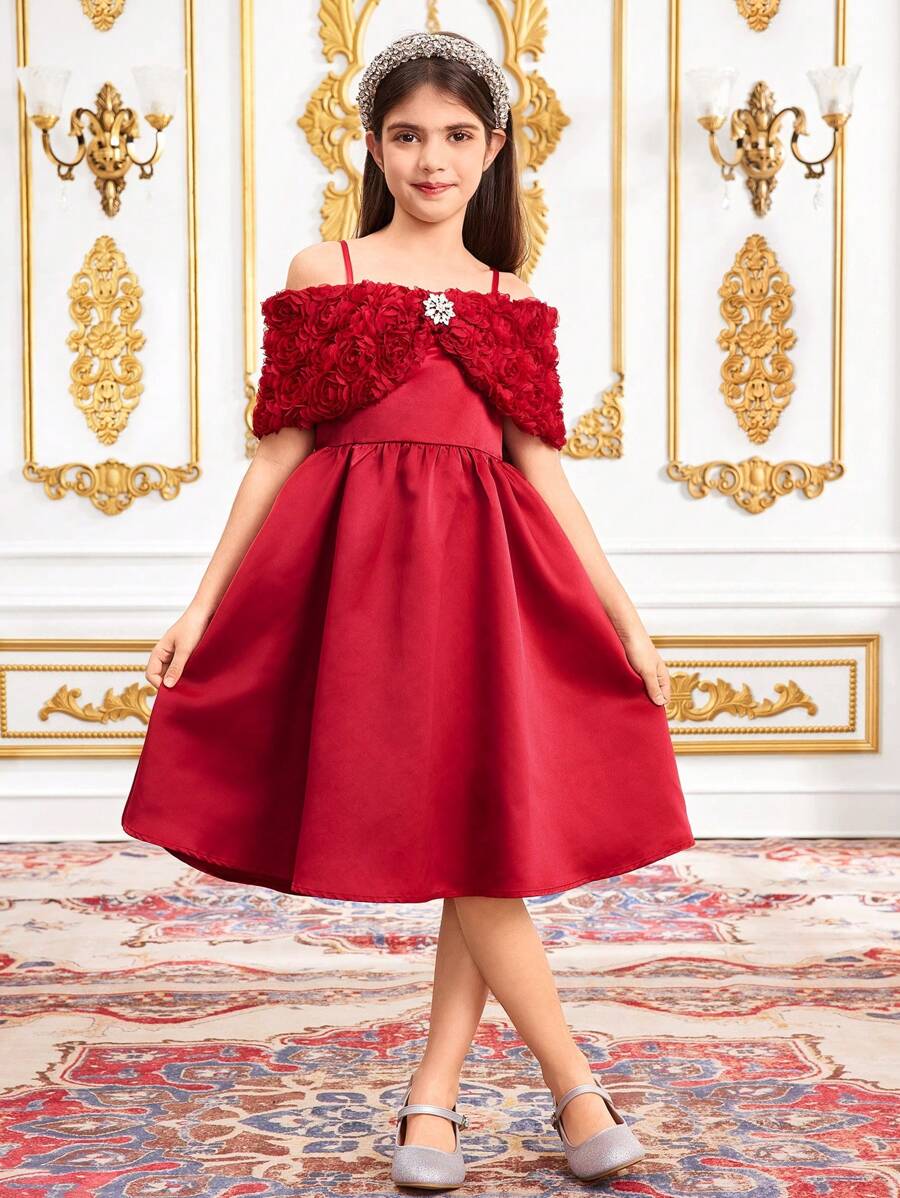 SHEIN Gaun Jacquard Off Shoulder Fit-And-Flare Elegan dengan Hiasan Pita untuk Anak Perempuan Remaja, Cocok untuk Pernikahan dan Pesta - Burgundy - View 1