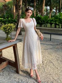 DAZY 蕾丝荷叶袖中长连衣裙，女士度假装扮 - 白色 - 查看 4