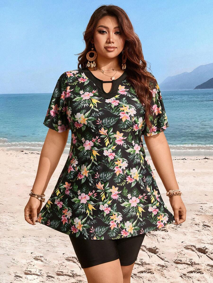 Swim Lushoire Plus Size Women Random Floral Print 2pcs Tankini Set Summer Vacation Party Black Elegant - Multicolor - View 1
