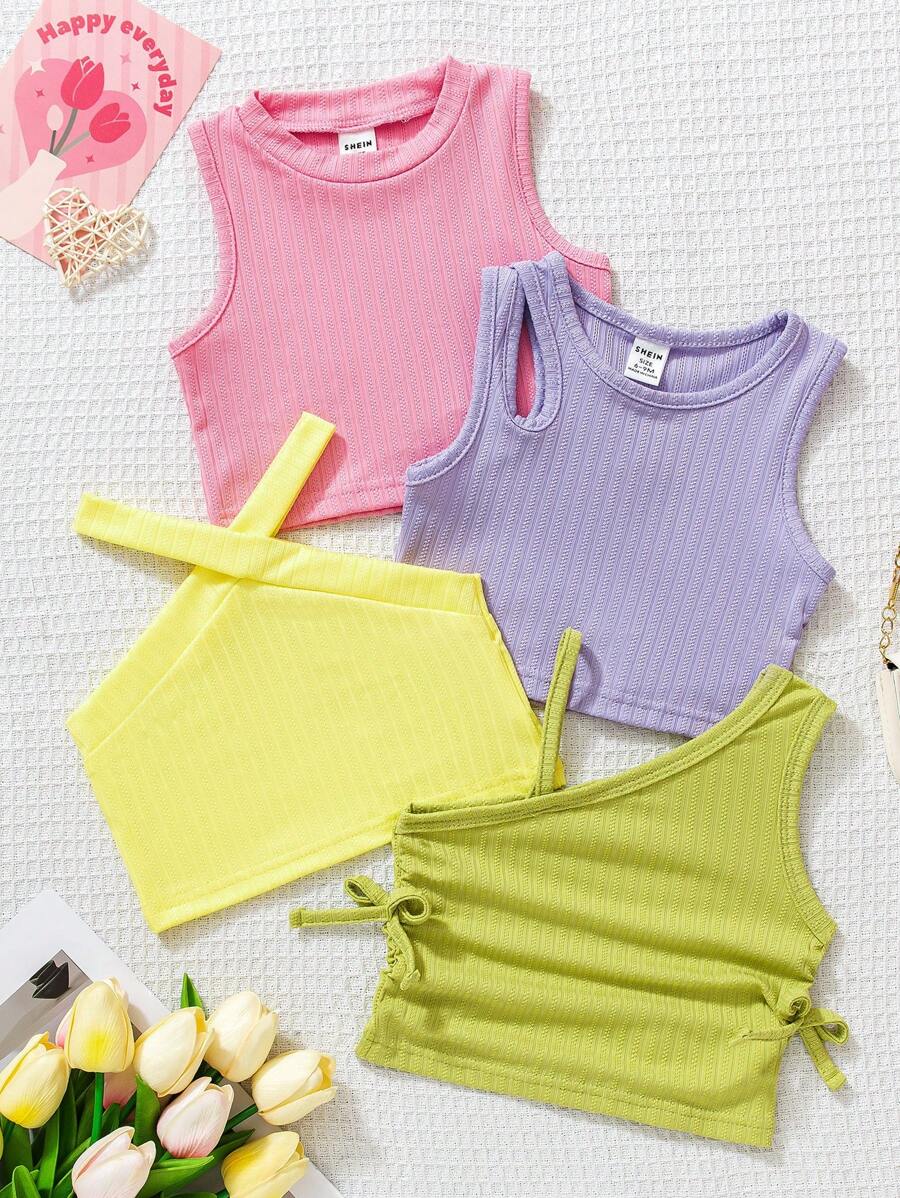 SHEIN Playful Pals 4pcs/Set Baby Girls Colorful Dopamine Solid Color Spring Tops, Summer - Multicolor - View 1