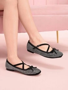 CUCCOO DOLLMOD Modische schwarze Ballerinas mit vollständiger Kristallverzierung, süß und niedlich für Schüler - Schwarz - Übersicht 5