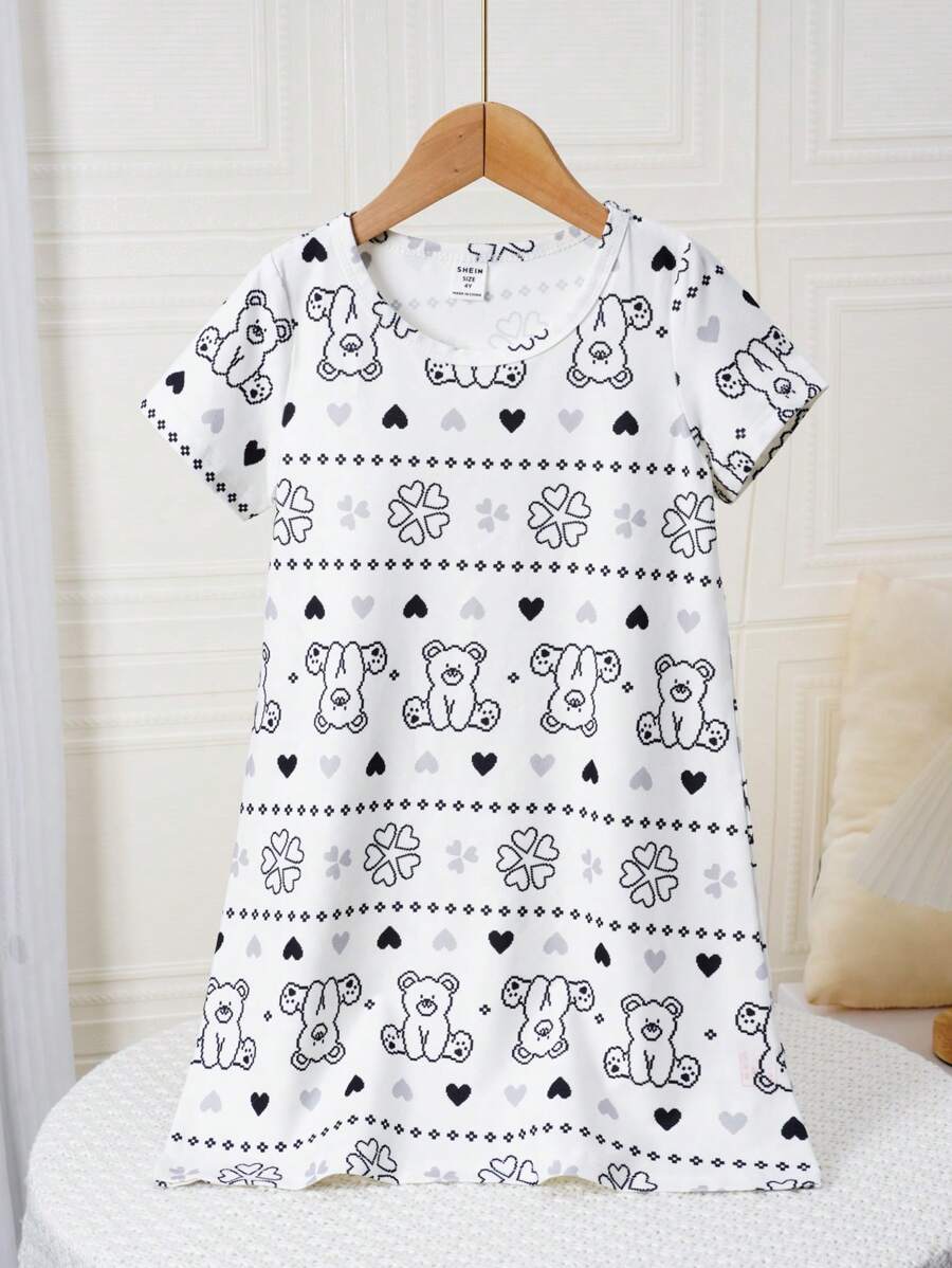 Girls' Black & White Contrast Heart & Bear Print Round Neck Short Sleeve Long Nightgown Loungewear