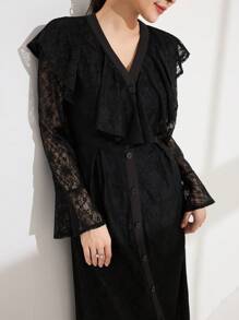 Modelyn Women's Elegant Lace V-Neck Patchwork Ruffle Flare Sleeve Waisted A-Line Long Dress - Black - View 3