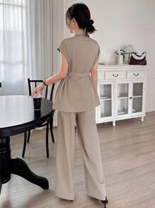 DAZY 2 件套女士无袖束带衬衫和阔腿裤教师装