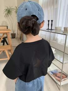Dazy Kids Young Girl Round Neck Short Sleeve Knitted Tee With Star Pattern, Summer - Black - View 4