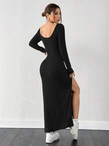 SHEIN EZwear Women's New Plush Ribbed Square Collar High Slit Dress, Autumn/Winter - Black - View 2