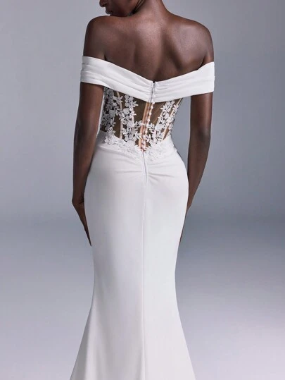 Elitara Elegant Luxurious Champagne Lace Embroidery Off Shoulder Stretch Knit Ruched High Slit Fishtail Dress With Train, Suitable For Wedding, Party, Vacation And Bridal Gown,Bride, For Valentine's Day