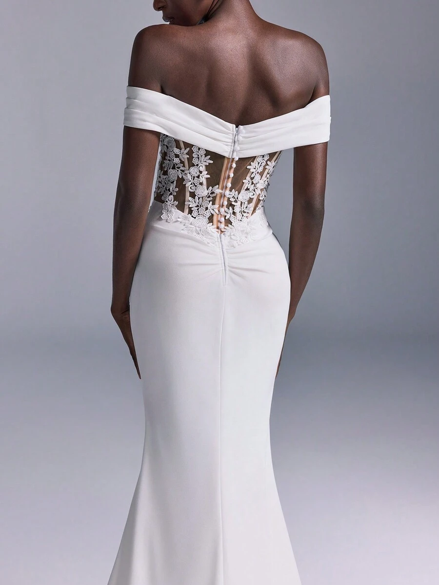 Elitara Elegant Luxurious Champagne Lace Embroidery Off Shoulder Stretch Knit Ruched High Slit Fishtail Dress With Train, Suitable For Wedding, Party, Vacation And Bridal Gown,Bride