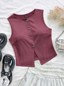 Soleia 女士紫红色针织提花圆领背心，蝴蝶纽扣装饰，侧开衩，女士圣诞服装，女士新年服装，冬季服装，女士生日上衣，女士西装，节日派对 - 紅色 - 查看 8