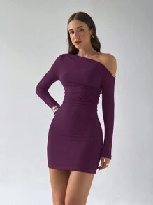 Aloruh Women's Long Sleeve Purple Mini Dress: One Shoulder Sexy Design,Off The Shoulder Top - Purple - View 4