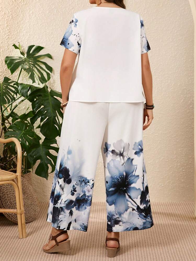Plus Size Floral Print Short Sleeve Top And Pants 2 Pieces Set, Casual Holiday Outfit,Boho For Women/Summer,Vacation Outfits Woman