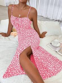 Breezaya 碎花印花开叉吊带连衣裙 长款女装 - 粉色 - 查看 6