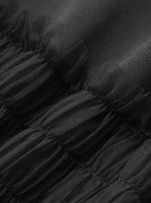 FRIFUL Women's Black Solid Color Waist Cinching Dress With Mesh Splice, Spring,Casual Women Dresses