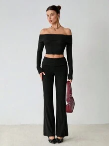 SHEIN Tall 2 pièces Ensemble mode femme avec top court à manches longues et épaules dénudées et pantalon évasé