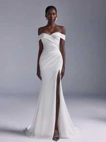 Elitara Elegant Luxurious Champagne Lace Embroidery Off Shoulder Stretch Knit Ruched High Slit Fishtail Dress With Train, Suitable For Wedding, Party, Vacation And Bridal Gown,Bride