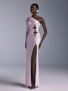 Elitara 优雅、浪漫、红色、褶饰、金属扣装饰、镂空、不对称肩长袖、收腰、开衩、鱼尾、针织伴娘礼服 - 紅色 - 查看 5