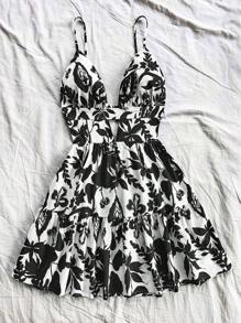 Soleia Vestido corto de línea A con tirantes finos y espalda descubierta con estampado floral, adecuado para vacaciones