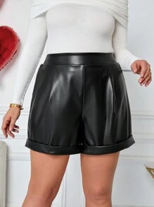 SHEIN Tall CURVE Tall Plus High Waist Roll Up Hem PU Leather Shorts - Black - View 7