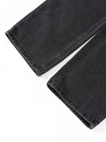 Sparklyn Tween Girl Y2K Street Daily 弹性腰部直筒牛仔裤，配有扁平口袋，女孩日常 OOTD 服装 - 黑色 - 查看 4