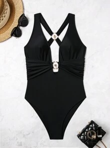 Swim SXY New Sexy One-Piece Swimsuit With V-Neck, Hollow Out Design, Criss-Cross Back Straps, Black Color, Fashionable Swimwear With Metal Accessories, For Resort & Pool For Summer Beach Vacation - Black - View 7