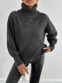 EURMUSE 女士纯色高领落肩长袖灰色毛衣，秋冬 - 深灰色 - 查看 5