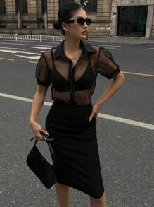 DAZY 女士简约透明网眼雪纺短袖衬衫，商务休闲