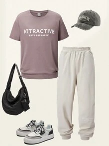 SHEIN 2 件套青少年男孩学院风字母和“Love Yourself”图案印花圆领 T 恤和休闲裤 - 卡其色 - 查看 3