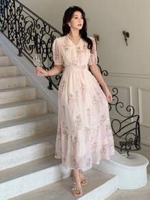 DAZY Women's Elegant Flower All-Over Embroidered Puff Sleeve Dress Sundress - Beige - View 8