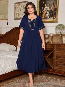 SHEIN Váy midi dài tay họa tiết Paisley chắp vá tối giản cổ chữ V mềm mại, dáng rộng cho nữ cỡ lớn, Moo Moo - Màu xanh hải quân - Xem 4