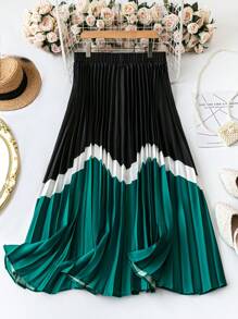 SHEIN Unity Plus Size Women Contrast Color Pleated A-Line Skirt
