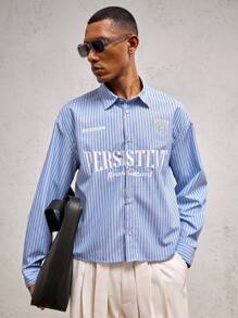 SHEIN X ELOISA & ORSON AKNOTIC Party Camisa casual de manga larga con cuello de solapa, estampado de letras y rayas, con ajuste holgado para uso diario para hombres