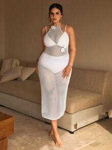 SHEIN X Sofía Suescun SHEIN Swim Curve 大码女式优雅镂空花卉钩针露背针织系带沙滩罩衫连衣裙，适合夏季度假 - 白色 - 查看 4