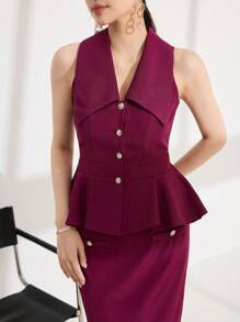 Modelyn Women's Elegant Lady Style Turndown Collar Single Breasted Ruffle Hem Cinched Waist Sleeveless Vest And Midi Bodycon Skirt 2 Pieces Set