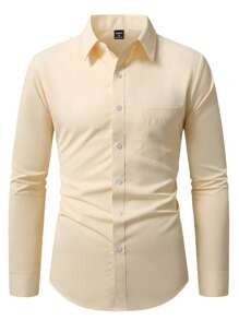 Manfinity Homme 男士纯色口袋休闲长袖衬衫，秋季 - 黃色 - 查看 4