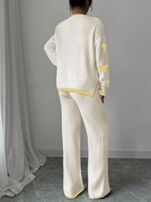 Chiquease Autumn/Winter Warm Bow Accent Color Block Edge Loose Sweater Pullover And Elastic Waistband Wide Leg Comfy Pants Two-Piece Setbow Tie Fall Cloth For Women - Multicolor - View 2