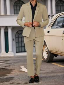 Manfinity Mode Men's Solid Color Casual Suit Set, Minimalist Fashion Everyday - Khaki - View 4