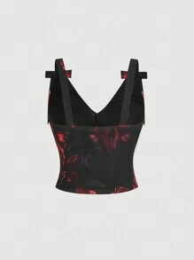 SHEIN MOD تي شيرت شبكي مقصّر بربطة عقدة أسود مزخرف بطباعة زهور جربيرا، مقاس كبير للنساء