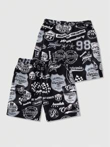 ROMWE MEN Street Life Men's Racing Print Cargo Shorts With 3D Pockets, Summer - Black - View 1