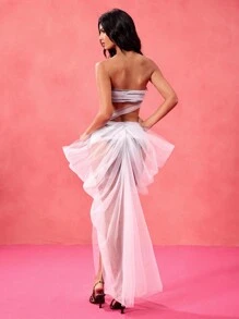 Empowered Elegance 设计师款白色透明网眼抹胸长裙，外出、节庆、演唱会服装、狂欢、婚礼、舞会礼服 - 白色 - 查看 2