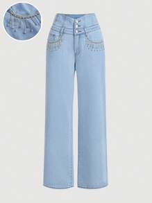 SHEIN MOD Women's Casual Washed Rhinestone Fringe Decor Straight Leg Jeans - Blue - View 1
