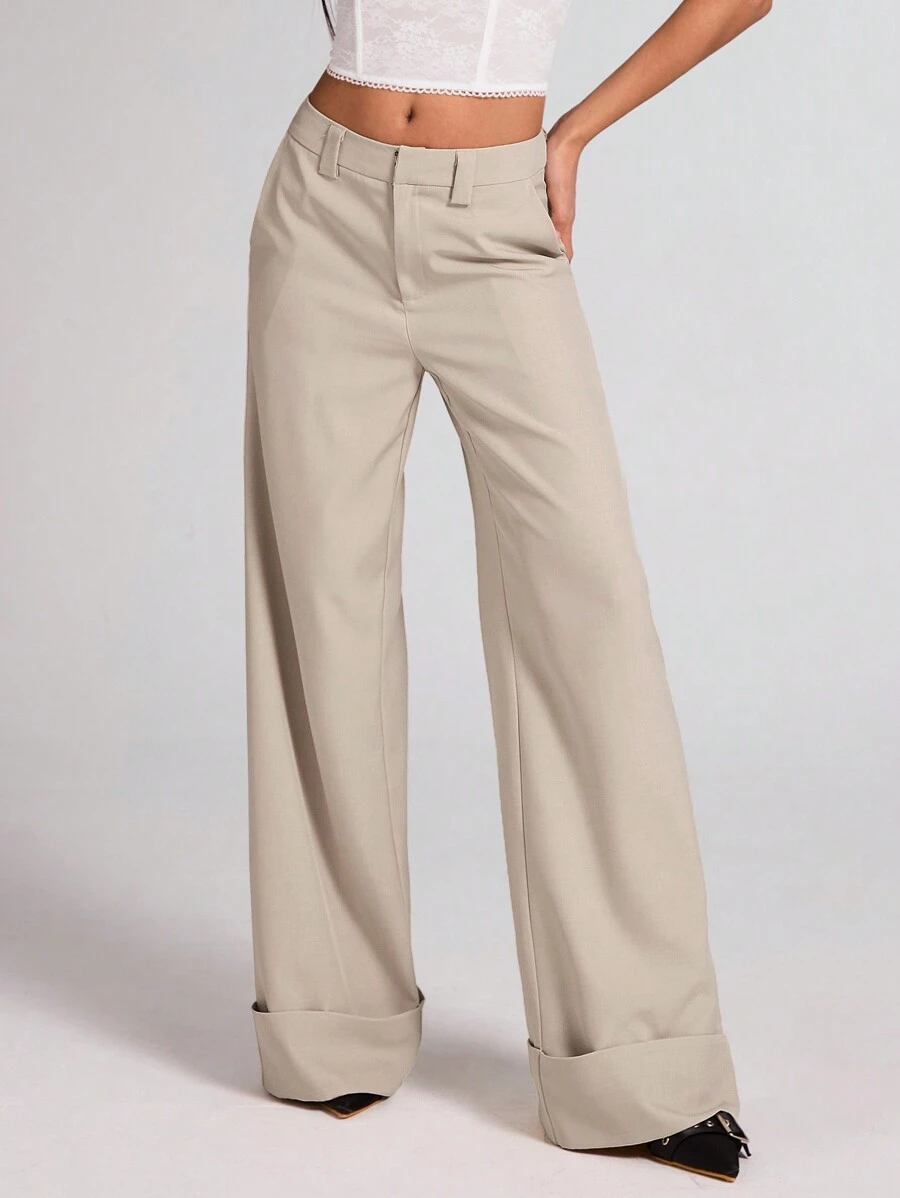 SHEIN BAE 女士杏色纯色斜纹编织纽扣口袋简约低腰长裤，适合通勤、休闲、时尚外出、复古风格、办公室穿着 - 杏色 - 查看 1