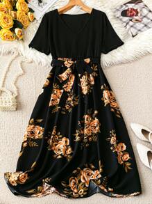 SHEIN LUNE Plus Size Women's V-Neck Tie-Waist Printed Short Sleeve Dress, Spring/Summer, Elegant Women Dress - Multicolor - View 1