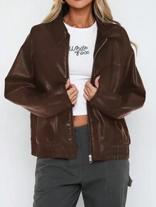 Women's Casual Black Zip-Up Loose Fit PU Jacket Coat, Autumn/Winter - Brown - View 3