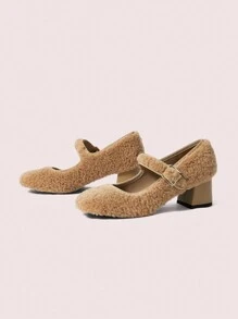 CUCCOO DOLLMOD 女士粗跟玛丽珍绒面鞋，方头，秋冬情人节时尚单品 - 杏色 - 查看 9