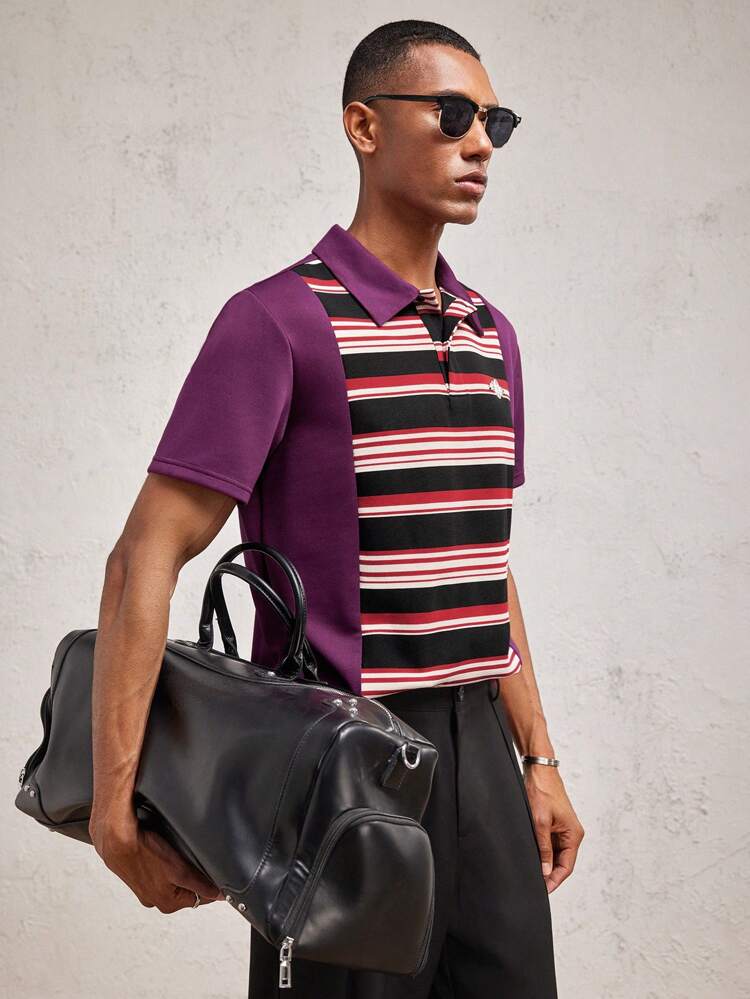 Men's Wine Red Contrast Color Striped Knit Slim Fit Collared Polo Shirt With Metal Snake Decor, Casual Style Suitable For Spring/Summer, Vacation & Commute
