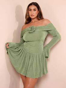 SHEIN BAE Đầm dự tiệc cocktail mini nữ dáng suông màu xanh lá nhạt, màu hồ trăn, xanh lá cây xô thơm, tay dài trễ vai, viền bèo nhún 3D, trang trí hoa, thích hợp cho tiệc cocktail, hẹn hò lãng mạn, tụ tập, sự kiện trang trọng, đi chơi đêm, váy dự tiệc cưới - màu xanh lá - Xem 6