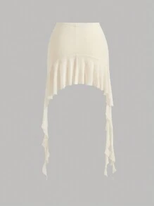 Sweetina Spring Ruched Ruffle Trim Ruffle Hem Mesh Black Skirt - Beige - View 2